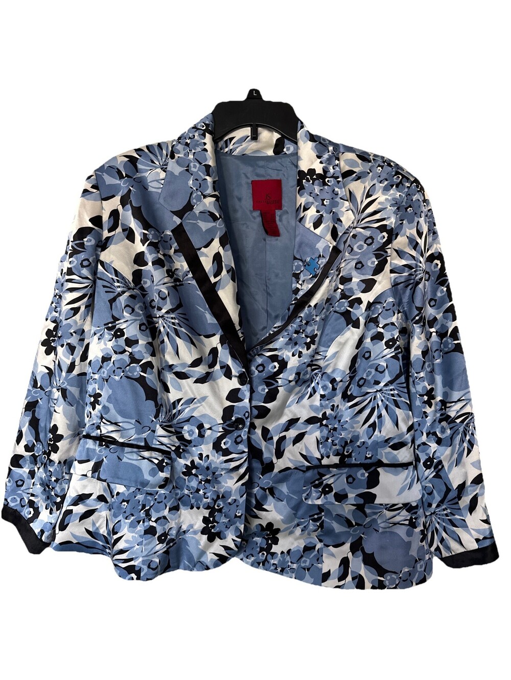 JS Collections women’s 16 Blue White Black Floral Silk Blend Blazer 3/4 Sleeve